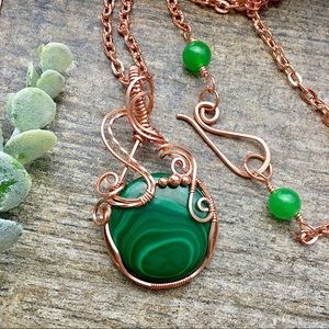 Wire wrapped Malachite copper pendant necklace